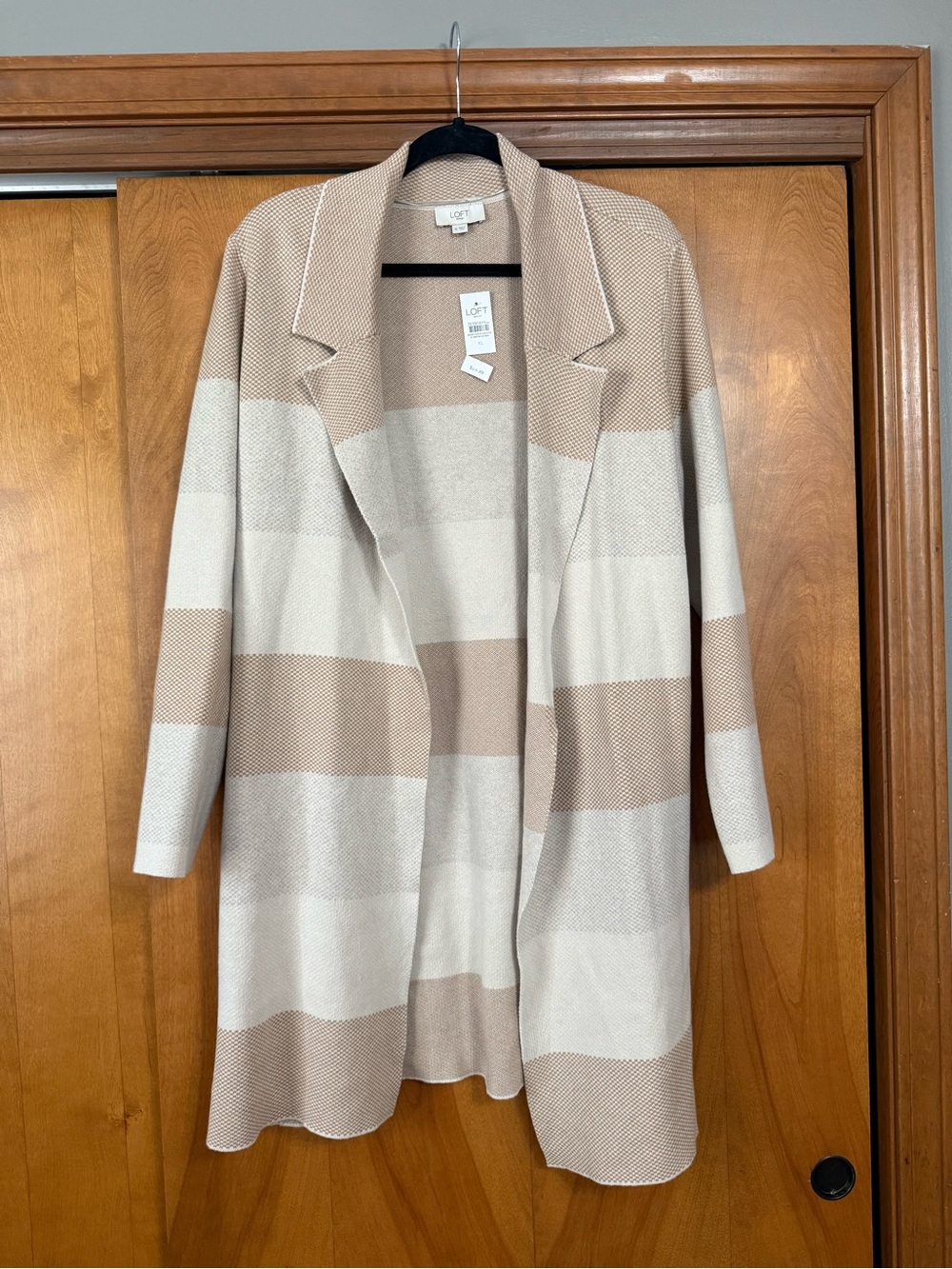 LOFT Beige & Cream Striped Long Open-Front Cardigan